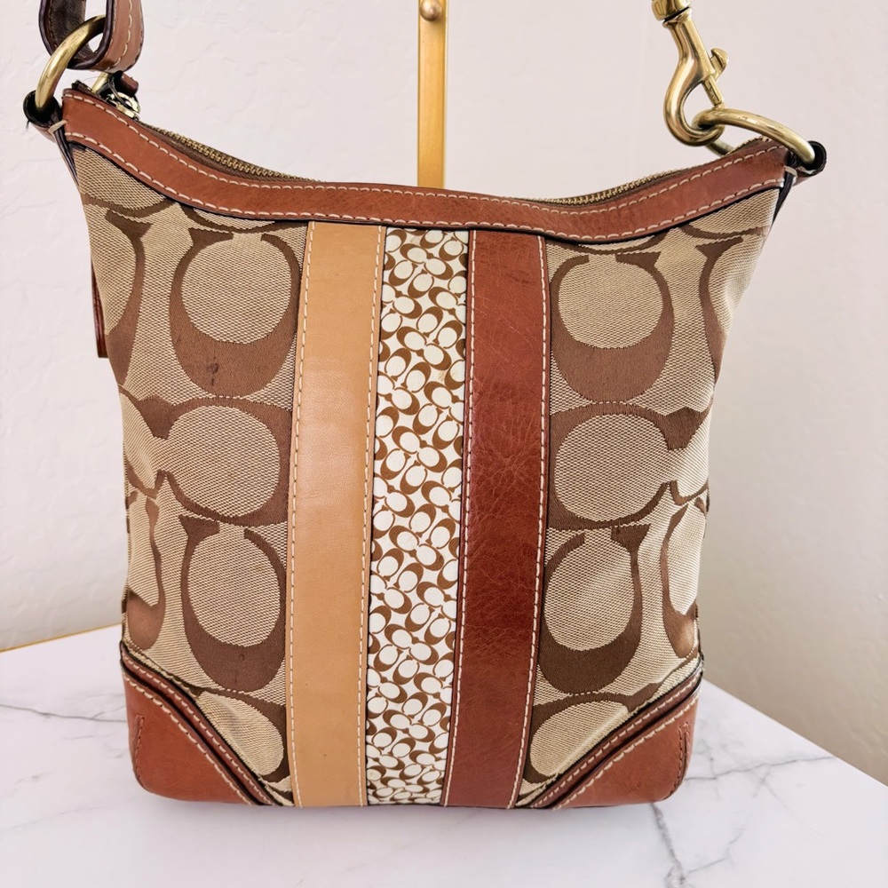 Coach Brown Leather Signature C Hampton Canvas Stripe Shoulder Bag Handbag 10542 - Picture 2 of 11